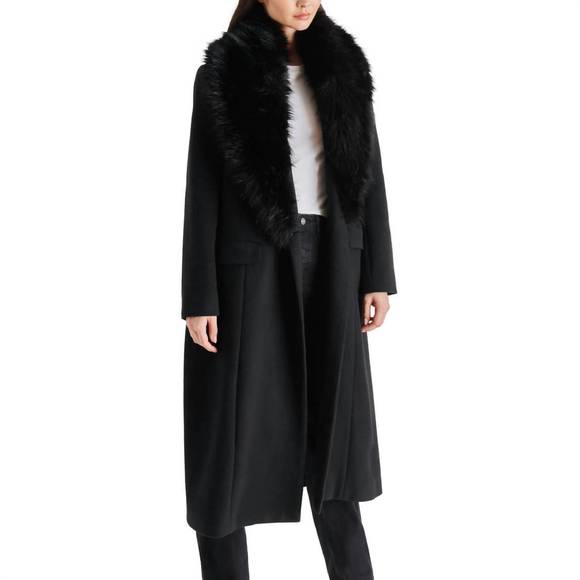 NEW STEVE MADDEN faux fur collar prince trench coat in black - Picture 1 of 4